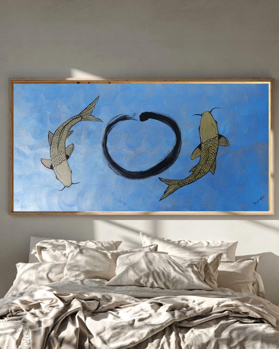 Koi Fishes and Enso J546 | Minimalist Japandi zen Feng Shui Large Horizontal Blue Japanese Painting | Ksavera