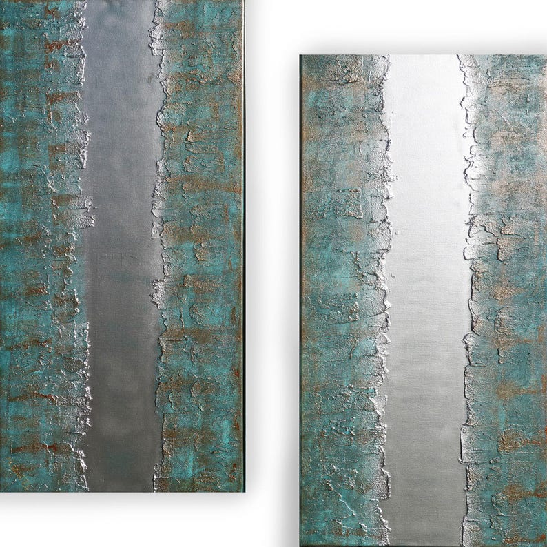 two abstract paintings with a metallic texture, one with a vertical line and the other with a horizontal line.