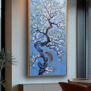 Fiori di ciliegio J540 – Pittura giapponese blu | Japandi Zen Feng Shui | Grande dipinto acrilico su tela | Ksavera