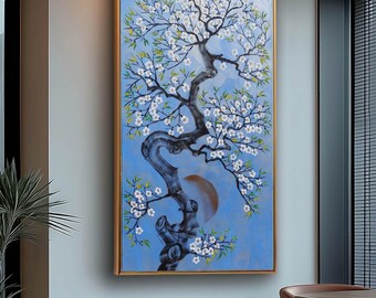 Fiori di ciliegio J540 – Pittura giapponese blu | Japandi Zen Feng Shui | Grande dipinto acrilico su tela | Ksavera