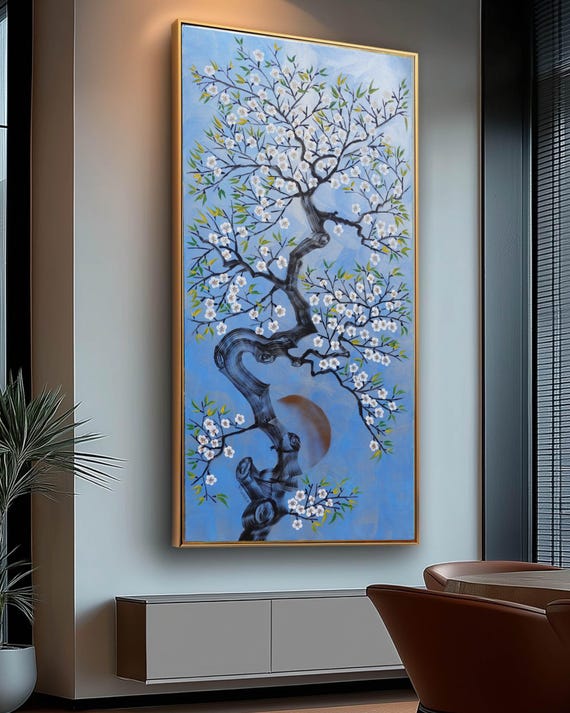 Cherry Blossoms J540 | Large Blue Silver Japanese Painting | Ksavera