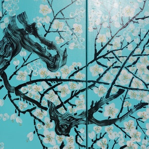 Japanese Sakura J306 cherry blossom triptych large original acrylic painting in turquoise by the artist Ksavera. image 3