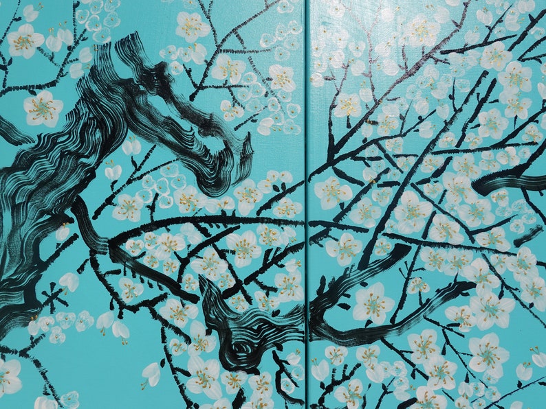 Japanese Sakura J306 cherry blossom triptych large original acrylic painting in turquoise by the artist Ksavera. image 3
