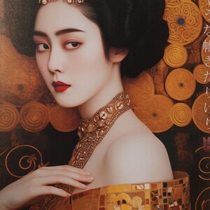 Japanese gold geisha DS0665 by artist Ksavera set of 2 giclee prints on stretched canvas, black or gold edges. READY to HANG diptych image 2