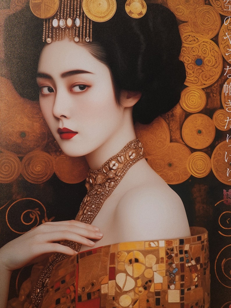 Japanese gold geisha DS0665 by artist Ksavera set of 2 giclee prints on stretched canvas, black or gold edges. READY to HANG diptych image 2