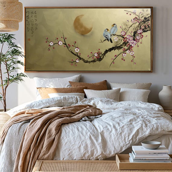 Japanese birds J391 by artist Ksavera - gold extra large original acrylic painting on unstretched canvas 100x210cm