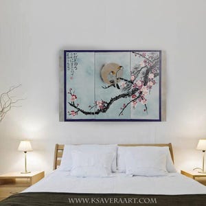 a bedroom with a large bed, two nightstands with lamps, and a painting of a bird perched on a branch with flowers on the wall above the bed.