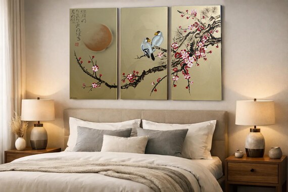 Sakura Triptych Painting j400 Japanese Style Gold Art (3 Canvas Panels) by Ksavera