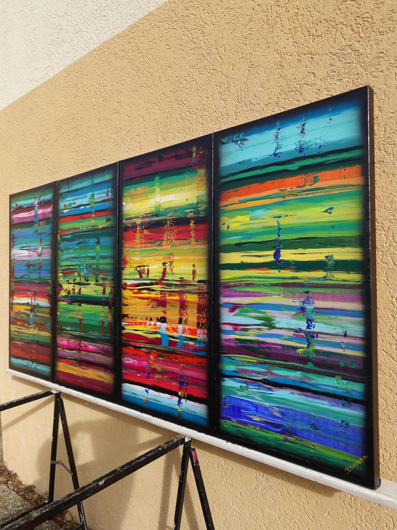 a vibrant, abstract painting with bold, colorful brushstrokes arranged in a grid-like pattern.