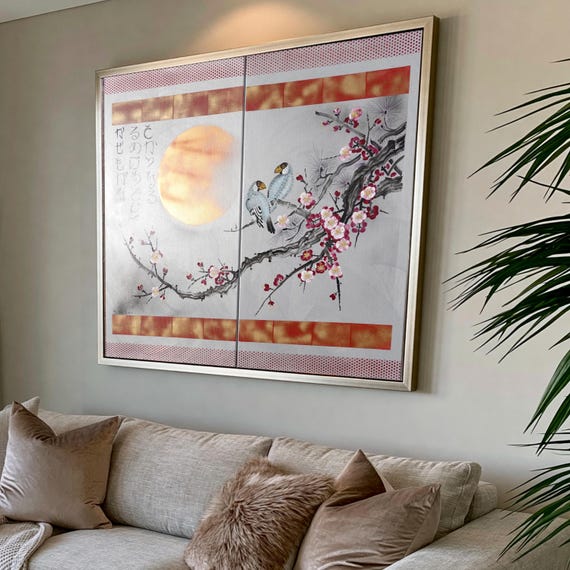 Sakura Wall Art J305 Silver Diptych Painting - Japandi Style by Ksavera