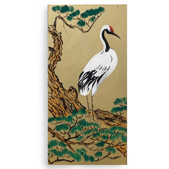 Japanese crane J404 by artist Ksavera - gold original japanese style acrylic painting on canvas
