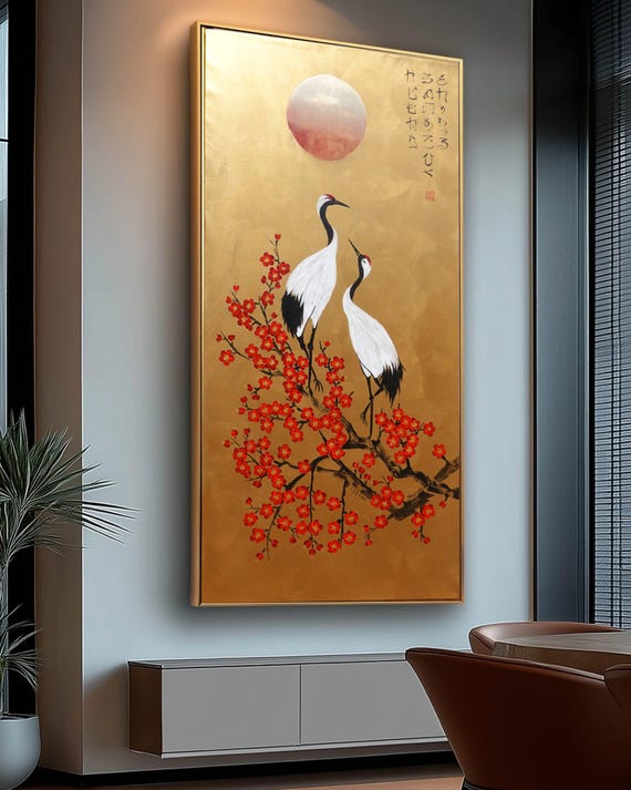 Cranes J492 — gold Japanese Painting | Large Acrylic on Canvas | Ksavera