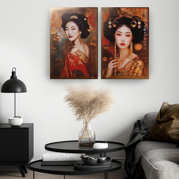 Japanese gold geisha DS0666 by artist Ksavera - set of 2 giclee prints on stretched canvas, black or gold edges. READY to HANG - diptych