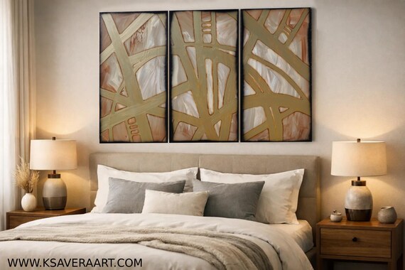 Abstract Gold Beige Tryptych Painting A704 3 Panels, Acrylic on Canvas by Ksavera