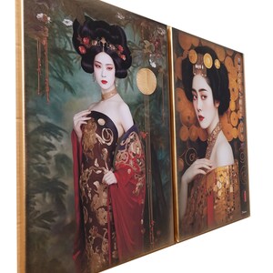 Japanese gold geisha DS0665 by artist Ksavera set of 2 giclee prints on stretched canvas, black or gold edges. READY to HANG diptych image 5
