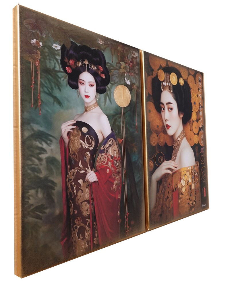 Japanese gold geisha DS0665 by artist Ksavera set of 2 giclee prints on stretched canvas, black or gold edges. READY to HANG diptych image 5