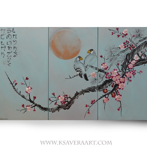 Japanese sakura J357 - triptych - Large paintings - Japan art - cherry blossom - love birds - acrylic paintings - wall art by artist Ksavera