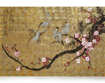 Japan art cherry blossom and love birds Japanese style painting Large canvas painting acrylic gold wall art by artist Ksavera