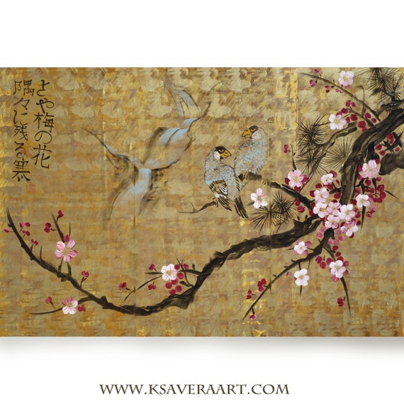 Japan art cherry blossom and love birds Japanese style painting Large canvas painting acrylic gold wall art by artist Ksavera