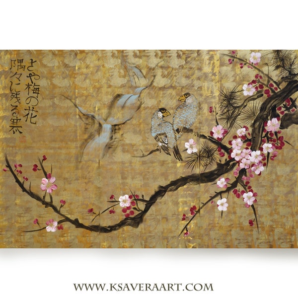 Art du Japon fleur de cerisier et oiseaux d'amour. Peinture japonaise. Grande toile non étirée. peinture acrylique. par l'artiste Ksavera