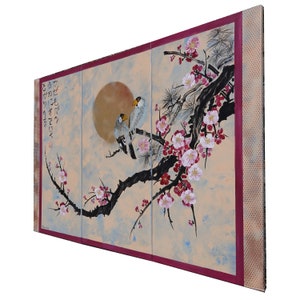 Japanese painting sakura branch sun and birds Japan Hieroglyph original artwork in japanese style J181 wall art by artist Ksavera image 1