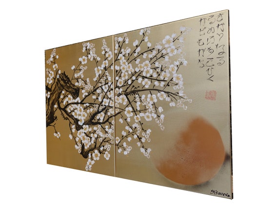 Cherry blossom - Japanese style painting J340 Gold paintings Japan art stretched canvas acrylic wall art by artist Ksavera