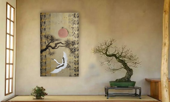 Japanese crane sun Japan Hieroglyph gold original artwork in japanese style J113 ready to hang painting wall art by artist Ksavera