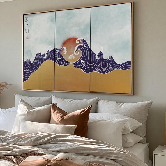 Fuji J172 - large gold triptych, original art, japanese style paintings by artist Ksavera