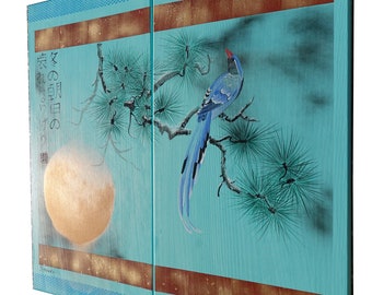 Japanese bird J349 - turquoise diptych, original art, japanese style paintings by artist Ksavera
