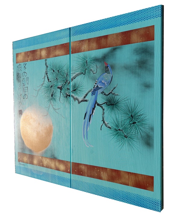 Japanese bird J349 - turquoise diptych, original art, japanese style paintings by artist Ksavera