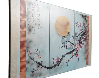 Japon art fleur de cerisier et oiseaux peinture japonaise images J232 peintures acryliques art mural doré peinture japonaise dorée par l'artiste Ksavera