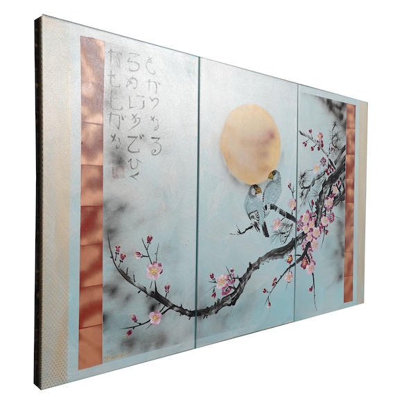 Japanese painting sakura branch sun and birds Japan Hieroglyph original  artwork in japanese style J181 wall art by artist Ksavera