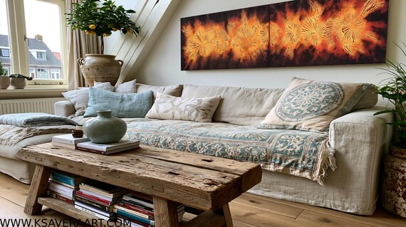 Abstract Wall Art A086 Fire Lava Orange Textured Painting - Two Canvas Set - Ksavera