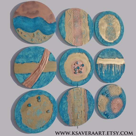 Gold and Blue Wall Art A290 Set of 9 Round Abstract Canvases by Ksavera