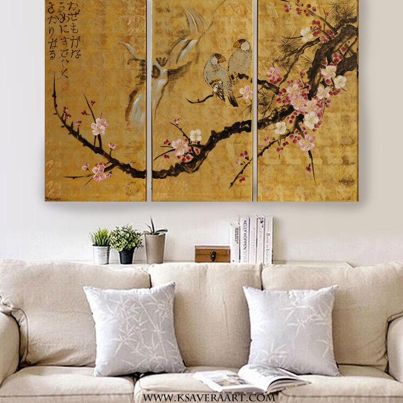 Japan art cherry blossom and love birds Japanese style Zen painting J135 Large paintings acrylic gold wall art by artist Ksavera image 3