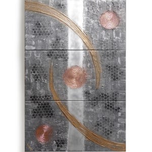 The image is a modern art piece featuring a metallic texture with a metallic sheen, and it includes three circular shapes with a metallic sheen and a metallic texture.