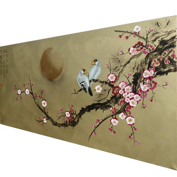 Japanese birds J391 by artist Ksavera - gold extra large original acrylic painting on unstretched canvas 100x210cm