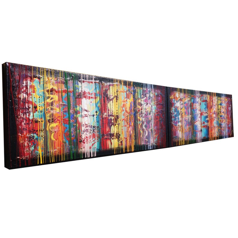 The image is a large, colorful painting with a long, horizontal design featuring a variety of vibrant colors and abstract patterns.