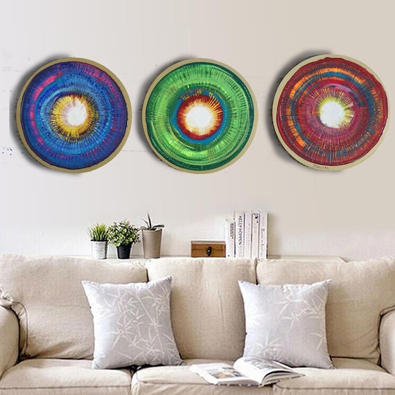red green blue Abstract Set of 3 round paintings modern art A421 Acrylic Contemporary Art for Lounge, Office or above sofa by artist Ksavera