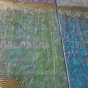 The image is a close-up of a textured surface with a variety of colors and patterns, including green, blue, and metallic elements.