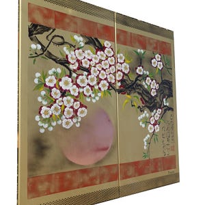 The image is a painting of a branch with white flowers, possibly cherry blossoms, against a brown background.