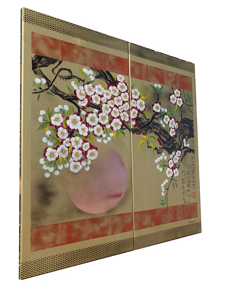 The image is a painting of a branch with white flowers, possibly cherry blossoms, against a brown background.