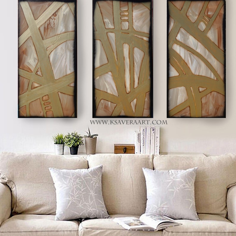 tryptych gold beige Abstract Paintings A704 colorful art for Lounge, Office, Sleeping room or above sofa by Ksavera image 3