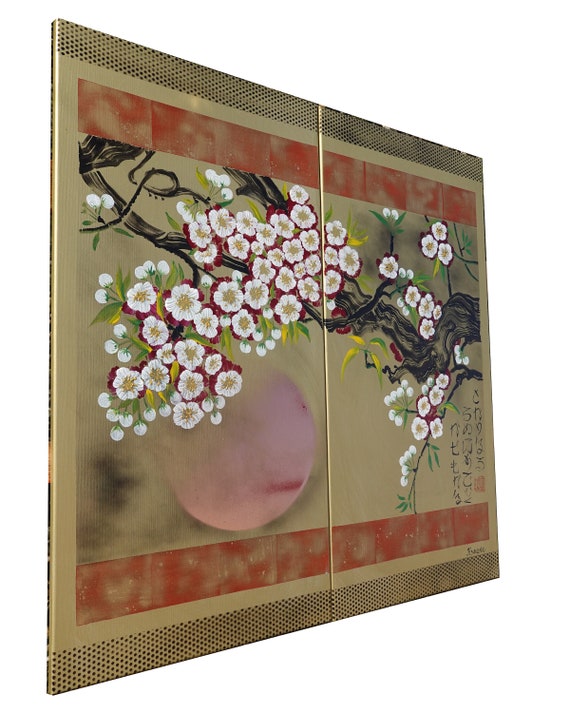 Japanese sakura J345 - gold diptych, original art, cherry blossoms, japanese style paintings by artist Ksavera