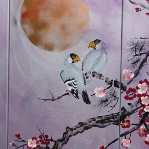 May include: A painting of two blue birds perched on a branch with pink blossoms. The background is a soft purple with a large, orange-brown circle in the upper left corner.