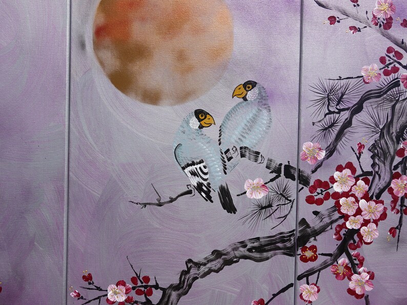 May include: A painting of two blue birds perched on a branch with pink blossoms. The background is a soft purple with a large, orange-brown circle in the upper left corner.