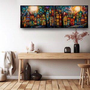 a modern and minimalist interior design with a wooden table, a vase, and a potted plant. Above the table, there is a large, colorful painting depicting a whimsical cityscape with various buildings and trees.