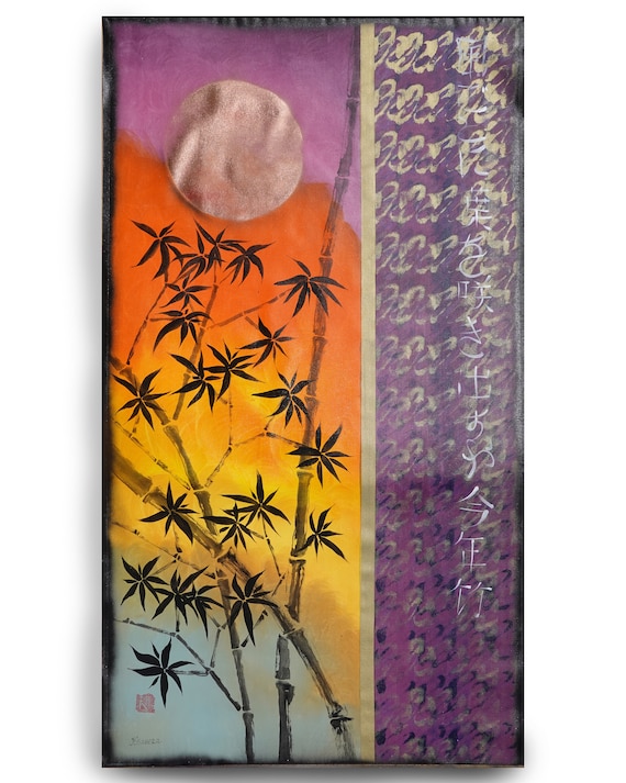 Bamboo japanese painting J374 by artist Ksavera - original acrylic painting on large canvas XXL - 90x160 cm