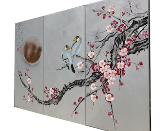 Cherry blossom and love birds - Japanese style acrylic painting J330 - Japan art - Large original silver paintings by artist Ksavera