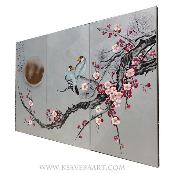 Cherry blossom and love birds - Japanese style acrylic painting J330 - Japan art - Large original silver paintings by artist Ksavera